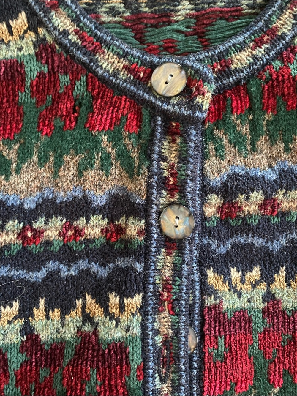 Vintage Talbots Multicolor Patterned Button Cardigan - Navy, Green, Red - Picture 5 of 7